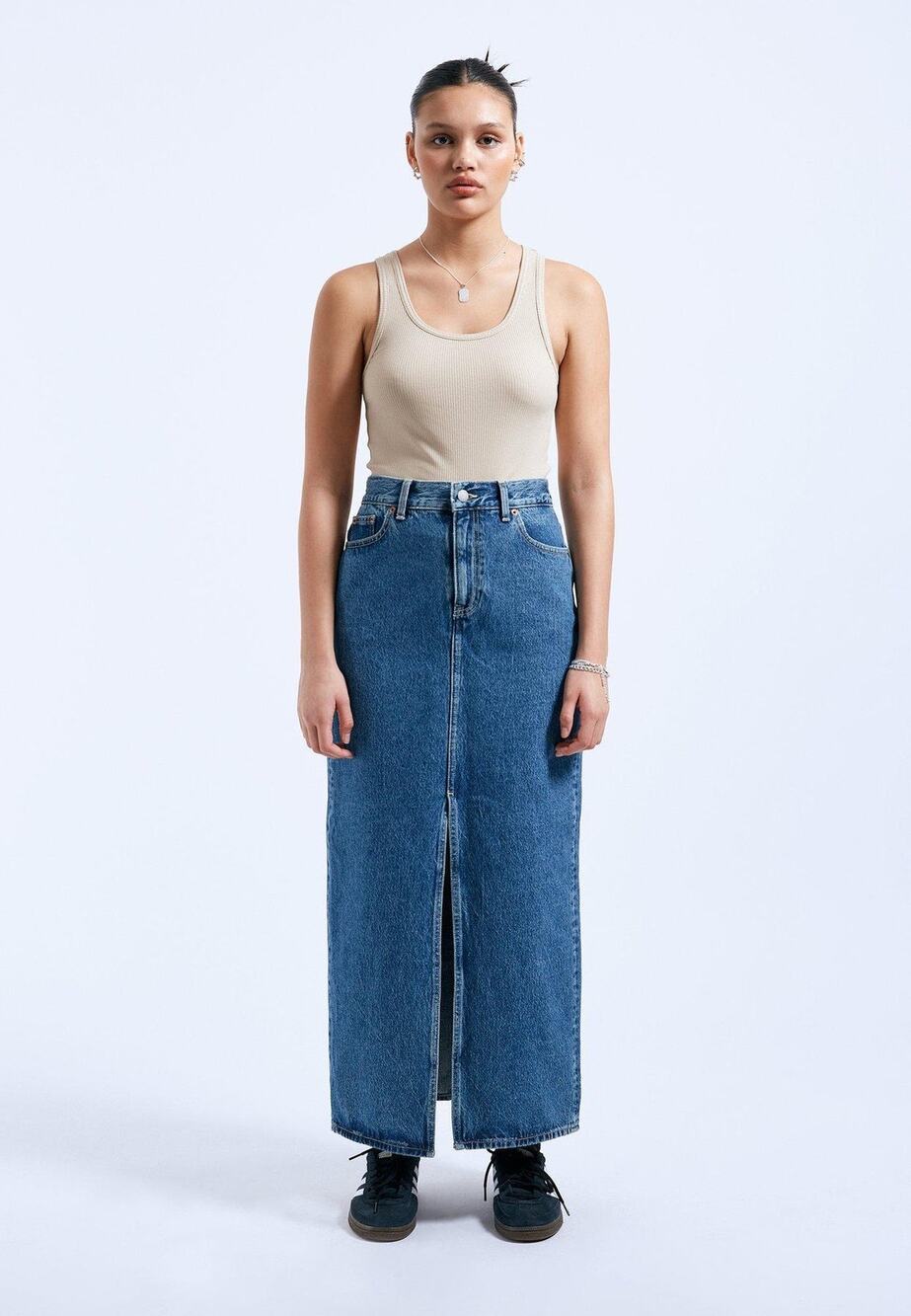 Dr. Denim Myra 100% Cotton Blue High Waisted Maxi Skirt w/ Front Slit